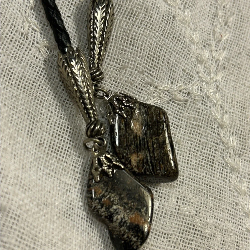 Vintage Bolo tie western leather, ornate medallion natural agate, jasper, etc